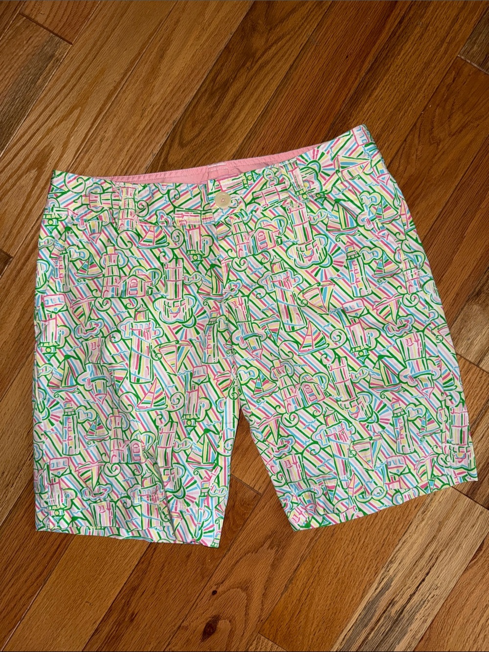 Lilly Pulitzer Pink, Green & White Printed Cotton Bermuda Shorts